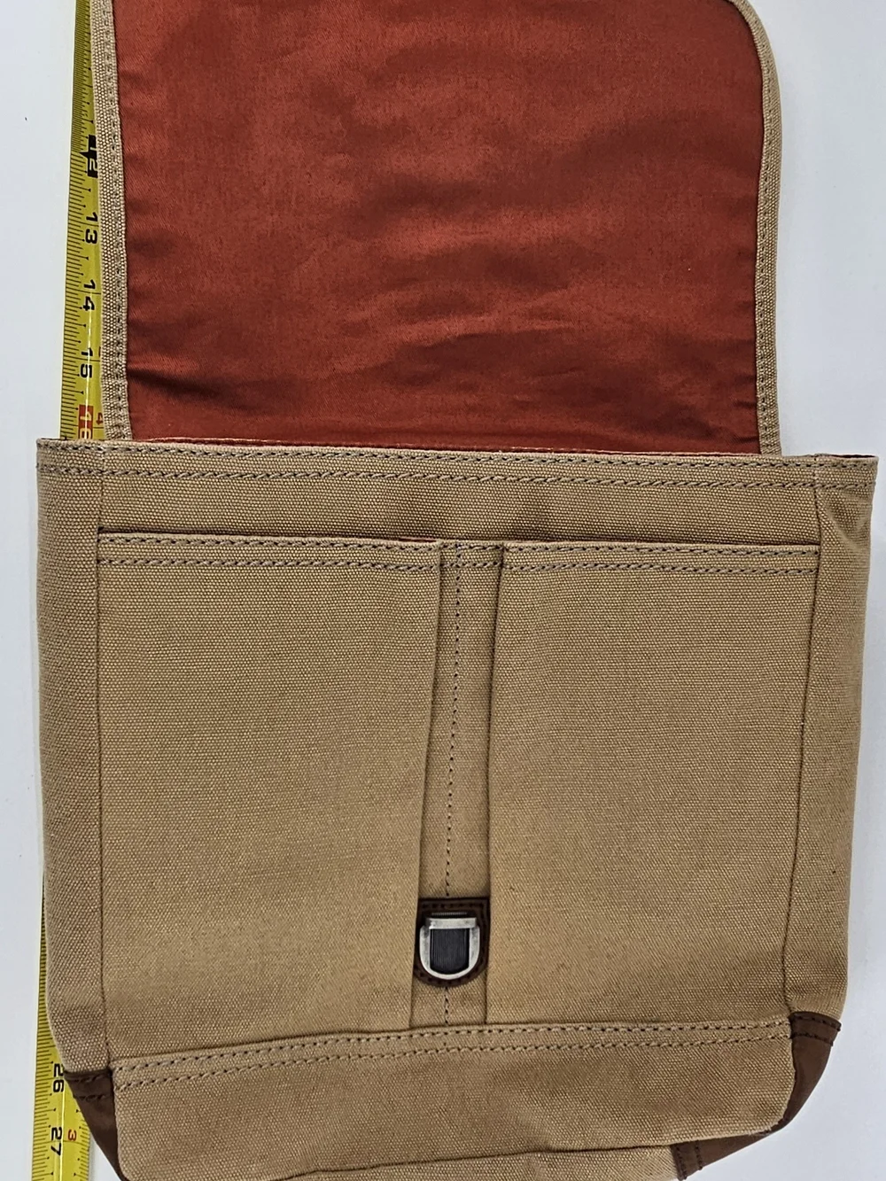 Canvas Fossil Crossbody Messenger Bag - Tan with Brown Faux Leather Trim